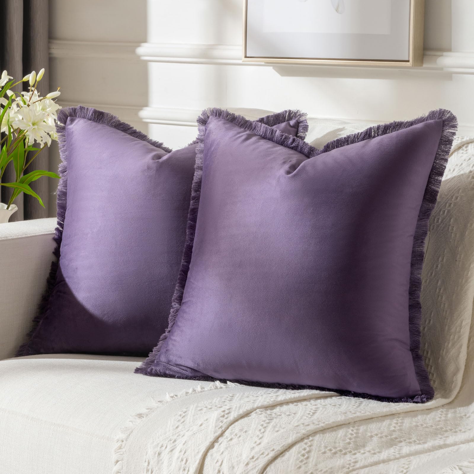 Photo 1 of FUTEI Eggplant Purple Velvet Decorative Throw Pillow Covers 18x18 Set of 2,Soft Cozy Edge with Tassels Cushion Case,Boho Modern Home Decor for Couch Bed Living Room