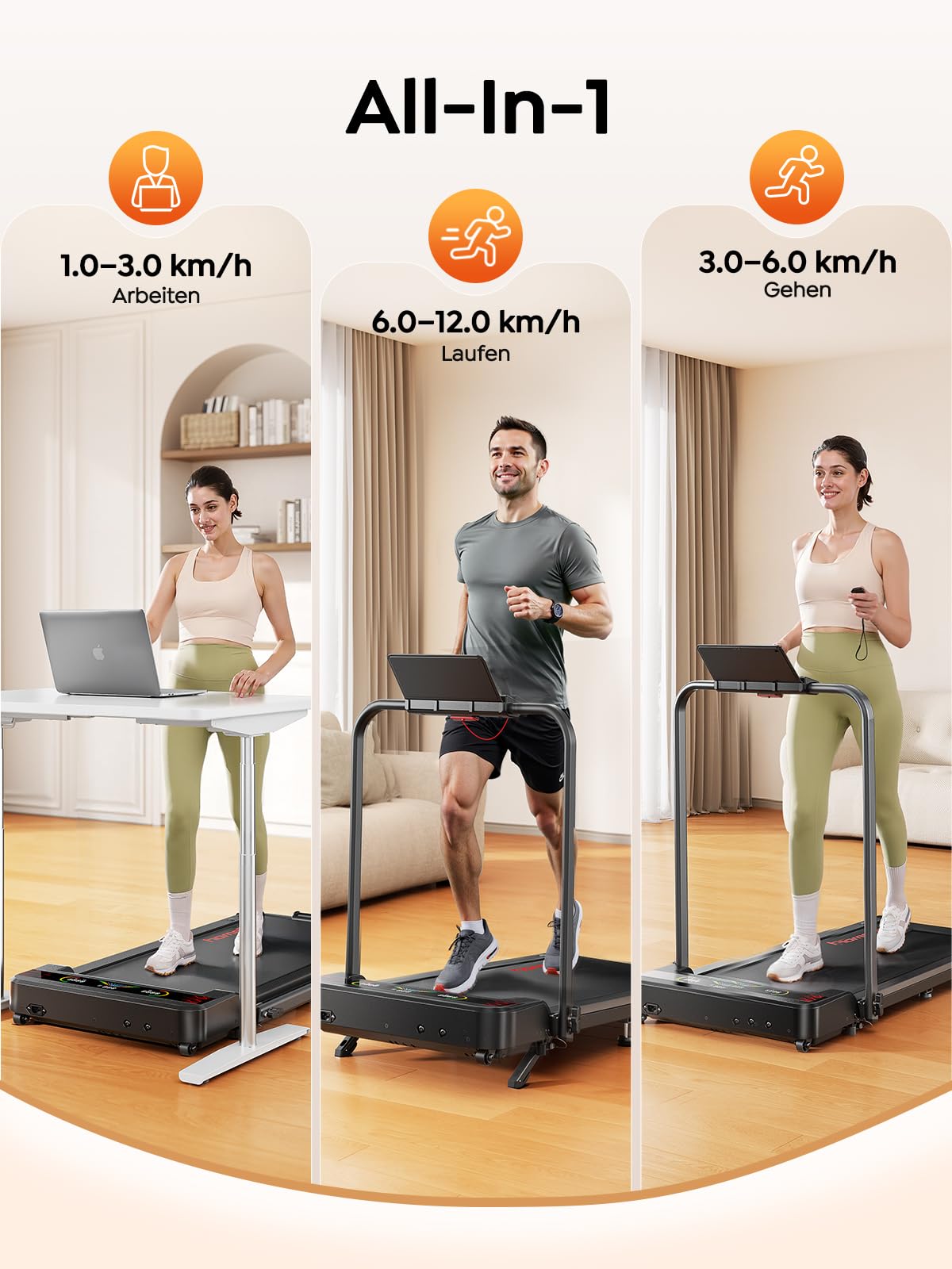 Klappbares Laufband mit Steigung für Zuhause & Büro – 9% manuelle Neigung, kein Aufbau nötig, All-in-1 Walking Pad für klappbar, 1–12 km/h, LED-Doppelanzeige, Walkingpad mit App & Fernbedienung 3