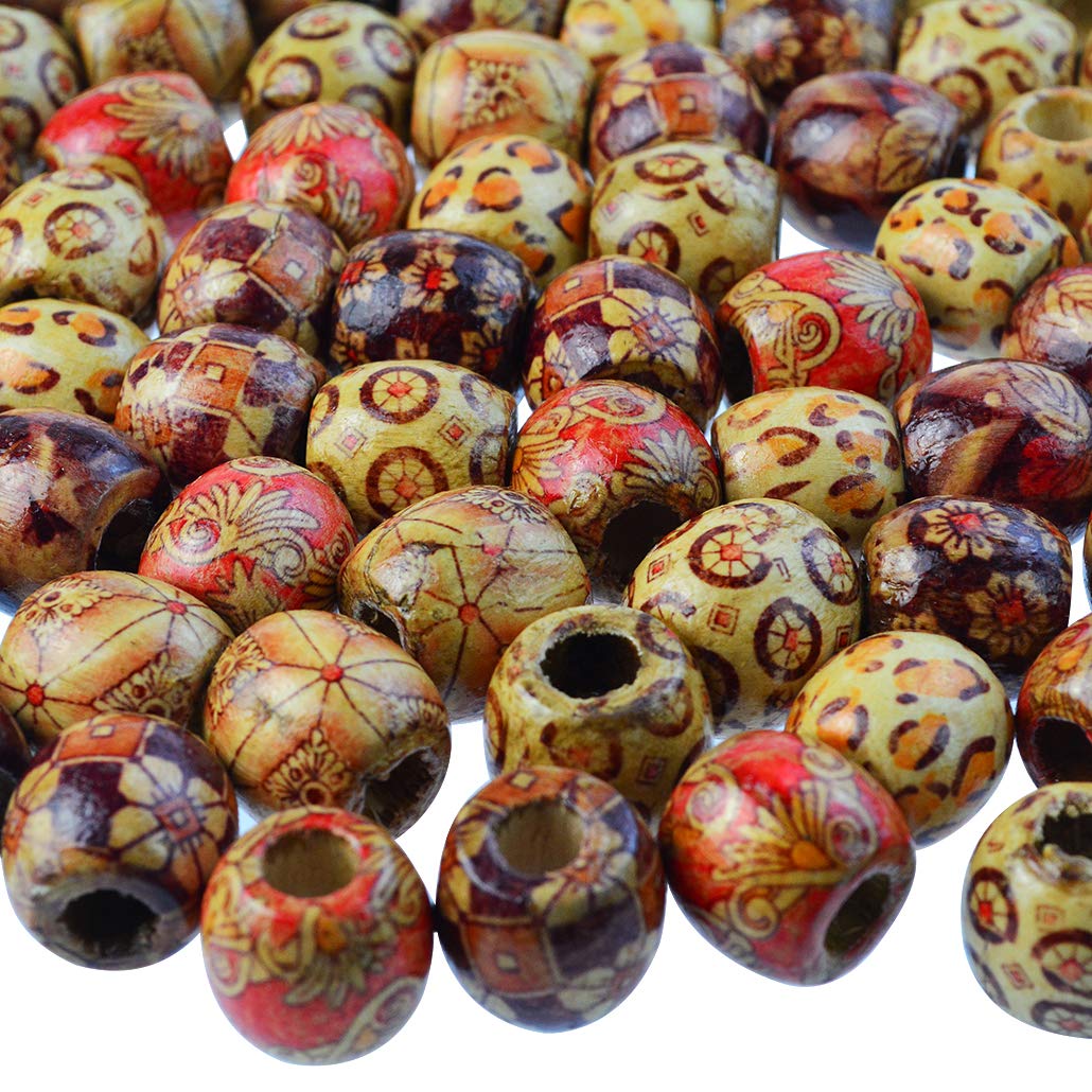 mifengda 300PCS 10mm/12mm/17mm Natural Loose Round Wood Beads Painted Pattern Barrel Beads Bulk for Jewelry Making DIY Handmade Rosary Bracelet Necklace