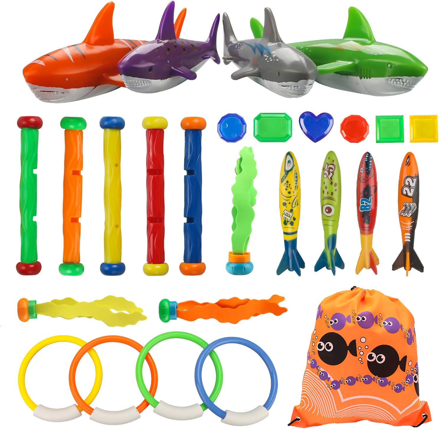 INVOKER 26 Pcs Pool Diving Toys Underwater Sinking Diving Rings, Sticks, Sharks, Toypedo Bandits, Aquatic Balls and Under Water Treasures with Portable Storage Bag Swimming Training Game Set