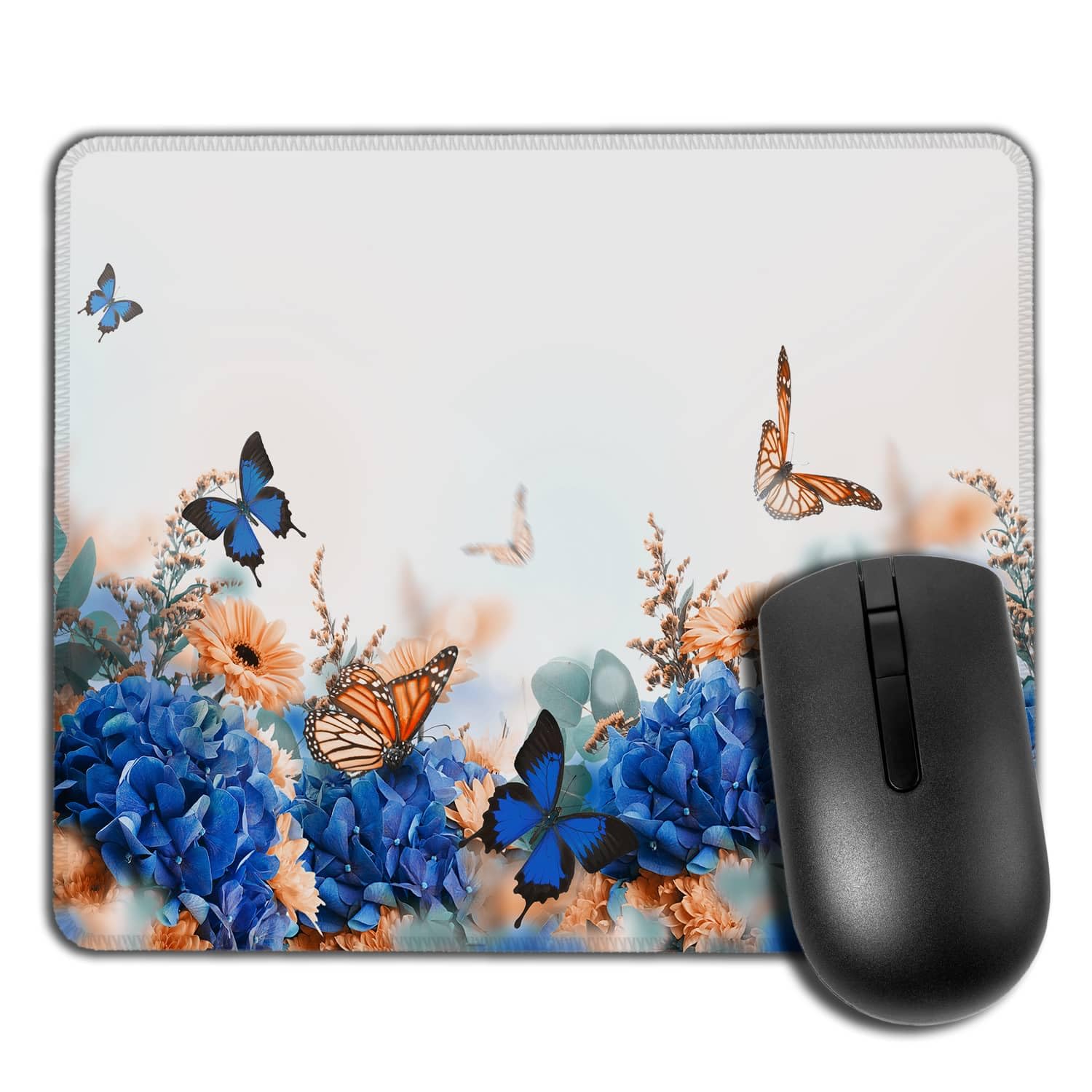 Yeuss Bokeh Butterflies Mouse mat pad, Amazing With Hydrangeas And Daisies Yellow And Blue Flowers On A White Blank Floral Card Nature Gaming Mouse mat pads, Yellow Blue White,200mm x 240mm