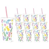 JarThenaAMCS 12Pcs Easter Plastic Cups with Straw and Lid Pastel Easter Egg Bunny Tumbler Colorful Holiday Plastic Cups for Cold Drinks Easter Home Office Party Decoration