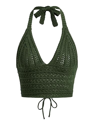 SOLY HUX Womens Crochet Halter Crop Tops Summer Sexy Knitted V