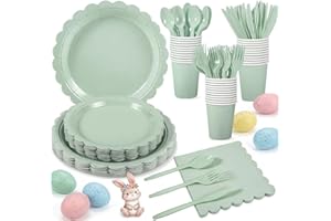 175 Pcs Sage Green Paper Plates and Napkins, Sage Green Party Supplies Include Green Scalloped Plate Paper Napkin Cup Plastic
