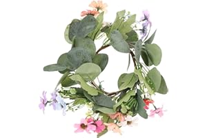 Zerodeko Christmas Candle Ring Wreath, Spring Artificial Eucalyptus Leaf Wreath with Flowers, Small Floral Candle Rings for Wedding, Home Decoration (Random Color)