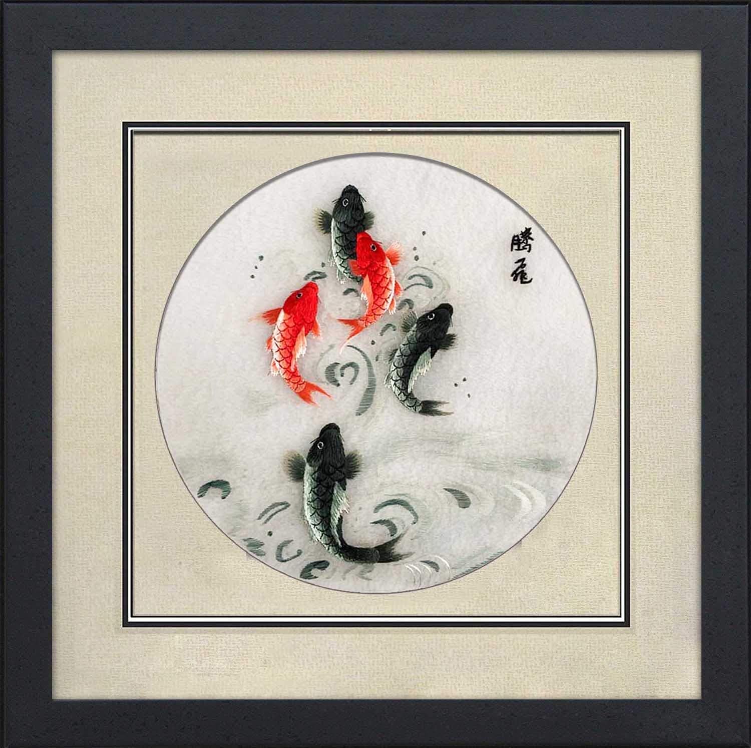 Silk Art 100% Handmade Embroidery Framed Five Red & Black Japanese Koi Jumping Oriental Wall Hanging Art Asian Decoration Tapestry Artwork Picture Gifts (05: Five Koi)