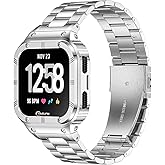 HASLFM Stainless Steel Watch Bands with Case Compatible for Fitbit Versa 4/Versa 3/Versa 2/Versa 1/Fitbit Versa Lite/Fitbit Sense 2/Sense 1,Rugged Metal Strap for Men with Protector Case Bumper Cover