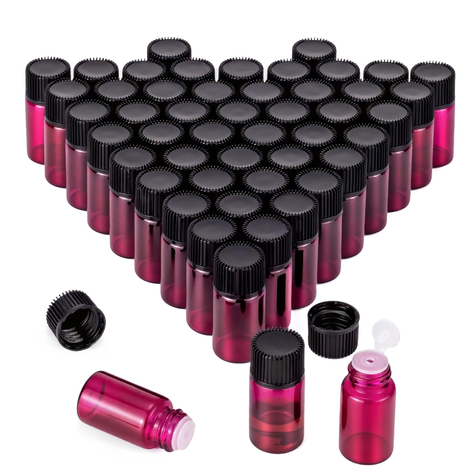 Pxyelec 50 Pack 3ml Portable Rose Red Mini Glass Bottles Sample Bottles with Siamese Stopper and Black Fine Grain Cover for Essential Oils, Liquid, Lotion Sample Vials