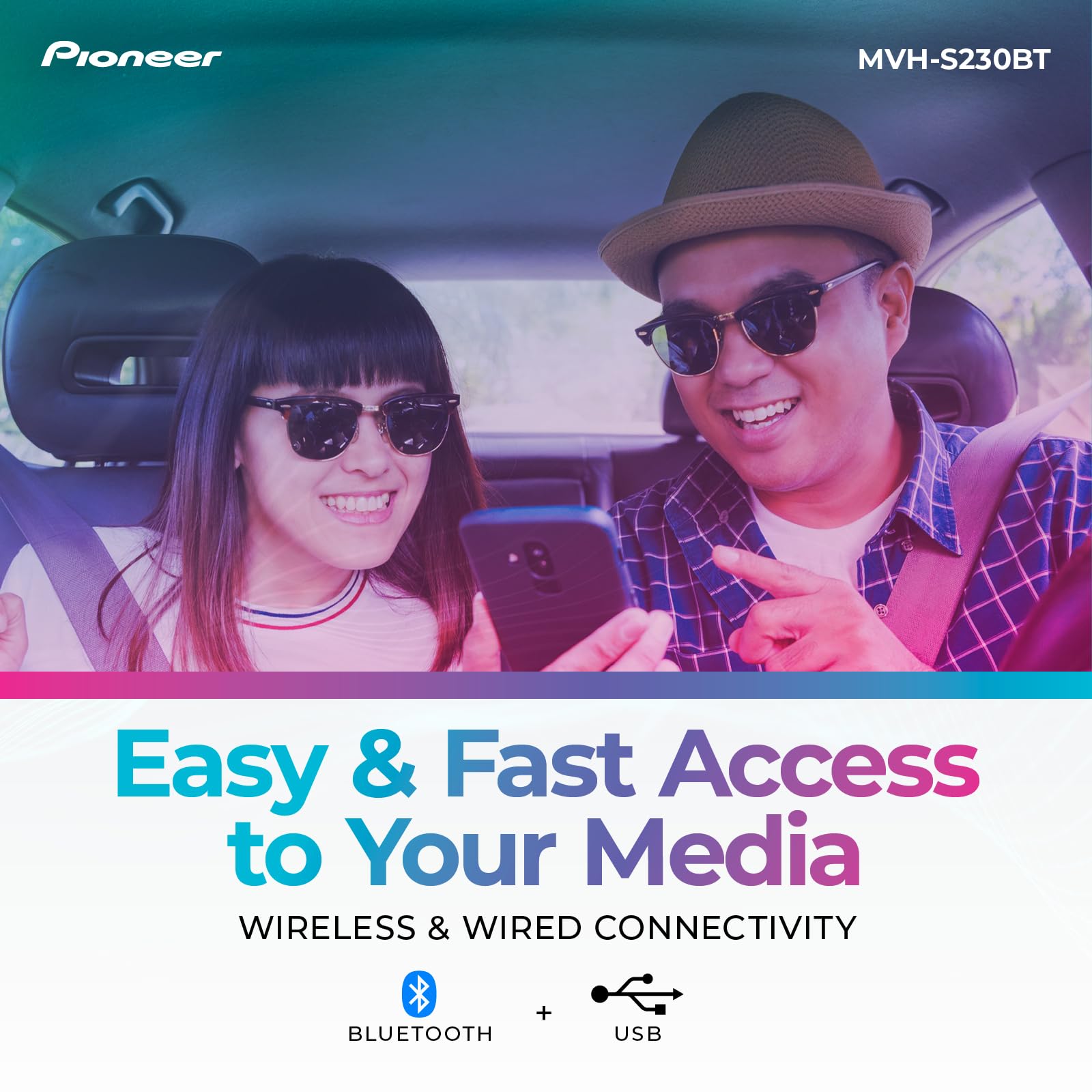 Pioneer MVH-S230BT 1-Din Digital Media Receiver – Bluetooth, USB, 50W x 4 Output, AM/FM Radio, iPhone/Android Compatible, Front/SW (Mono) Selectable RCA Output