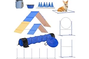 FetchFlow Dog Agility Training Equipment – Complete Backyard Agility Course Set w/Adjustable A-Frame Ladder, Weave Poles, Cones, Jump Hoop, Tunnel & Sandbags – Outdoor Dog Playground Kit