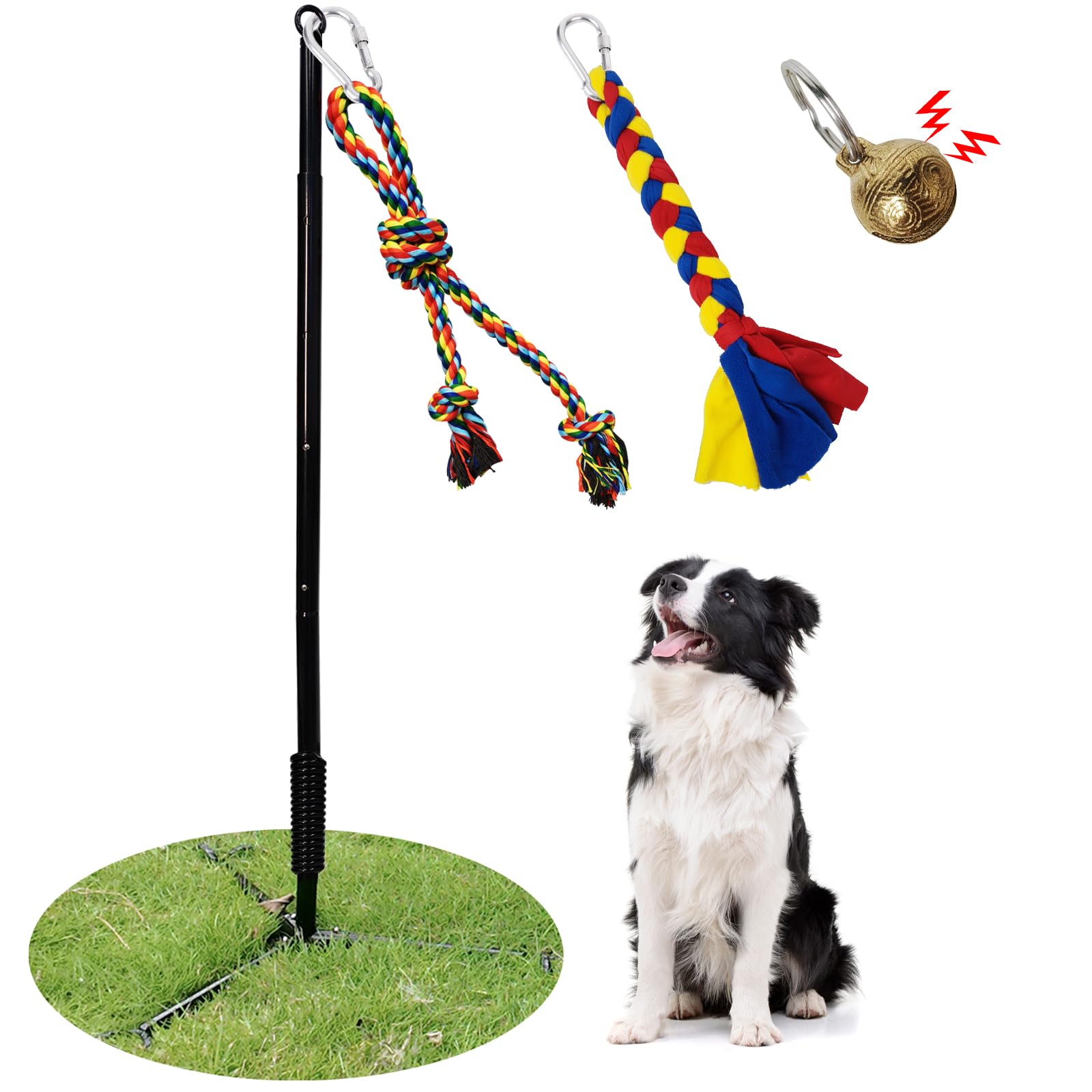 Photo 1 of SYOOY Tether Outdoor Dog Toy,Interactive Exercise Game in Yard Park Tug of War for Large Medium Small Dog Puppy with 2 Rope Toy and Bell Pull Chase and Solo Play
