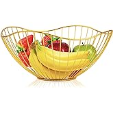 Metal Wire Fruit Basket, Gold Fruit Bowl for Kitchen Counter, Fruit Holder Stand Storage Baskets for Countertop, Home Decor, Table Centerpieces, Vegetable Bowls for Fruits, Veggies, Snacks (Gold)