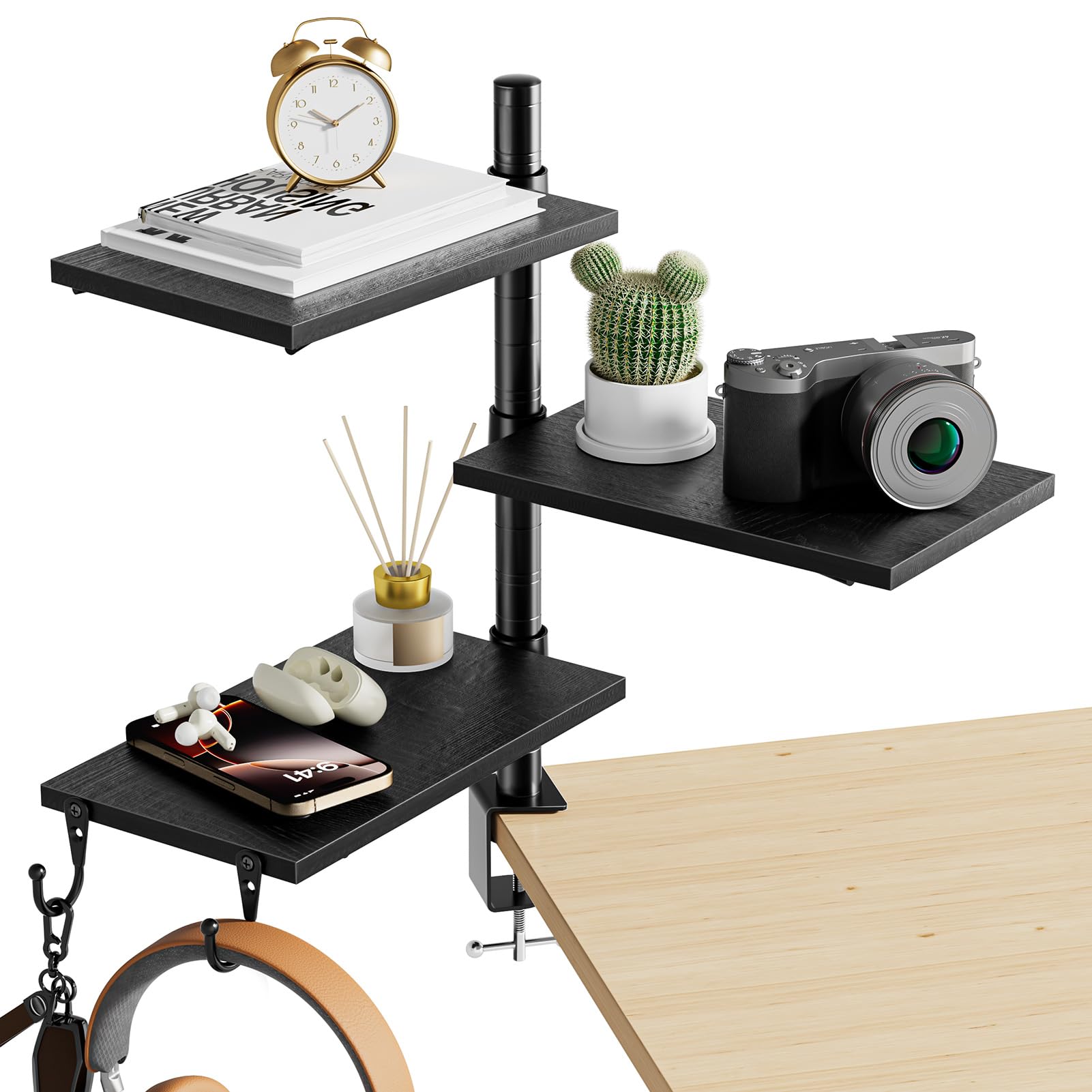 Photo 1 of Marbrasse 3-Tier Clamp on Desk Shelf, Adjustable Above or Under Desktop Storage Shelf, 360°Rotatable Wood Standing Desk Organizer with Hooks,Desk Storage for Gaming Devices,Black