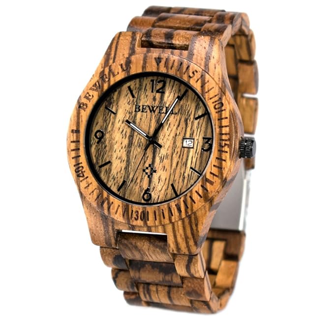 Bewell Analog Quarz Datumsanzeige Armbanduhr mit Luminous Pointer Zebra Holz Armbanduhr w086b