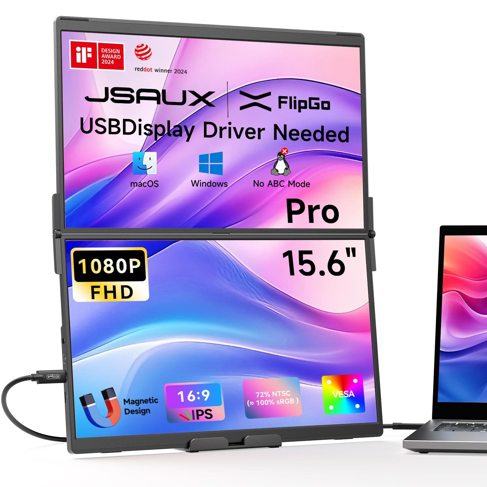 Photo 1 of JSAUX FlipGo Pro 15.6" Dual Portable Monitors, 1080P FHD IPS Dual Screen Monitor, Triple Screen Laptop Monitor Extender for Wins/macOS (Driver Required) with Magnetic Design/Plug & Play/Built-in Hub