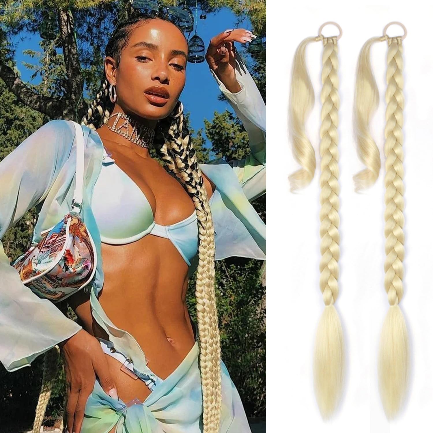 Photo 1 of LyoRuSi 2 Pack Long Braided Ponytail Extension with Hair Tie Straight Wrap Around Braided Ponytail Extension(613#)