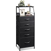 WLIVE Black Fabric Dresser for Bedroom, Tall Nightstand with 5 Drawers & 2 Open Shelves, Modern Night Stand Organizer, Sturdy Steel Frame Bedside Table