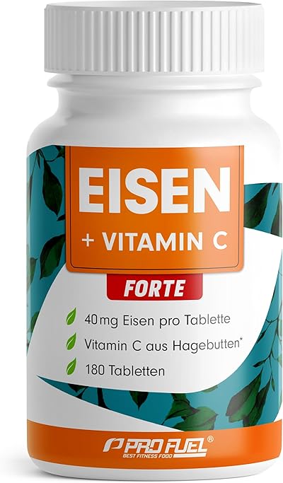 Eisentabletten hochdosiert 180x mit 40 mg Eisen + Vitamin C (40 mg) aus Hagebutten - EISEN + Vitamin C FORTE mit bioverfügbarem Eisenbisglycinat - laborgeprüft mit Zertifikat - Vorrat für 6 Monate