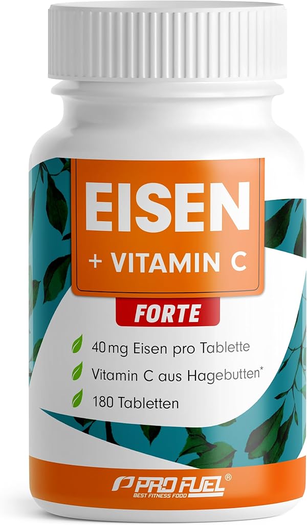 Eisentabletten hochdosiert 180x mit 40 mg Eisen + Vitamin C (40 mg) aus Hagebutten - EISEN + Vitamin C FORTE mit bioverfügbarem Eisenbisglycinat - laborgeprüft mit Zertifikat - Vorrat für 6 Monate