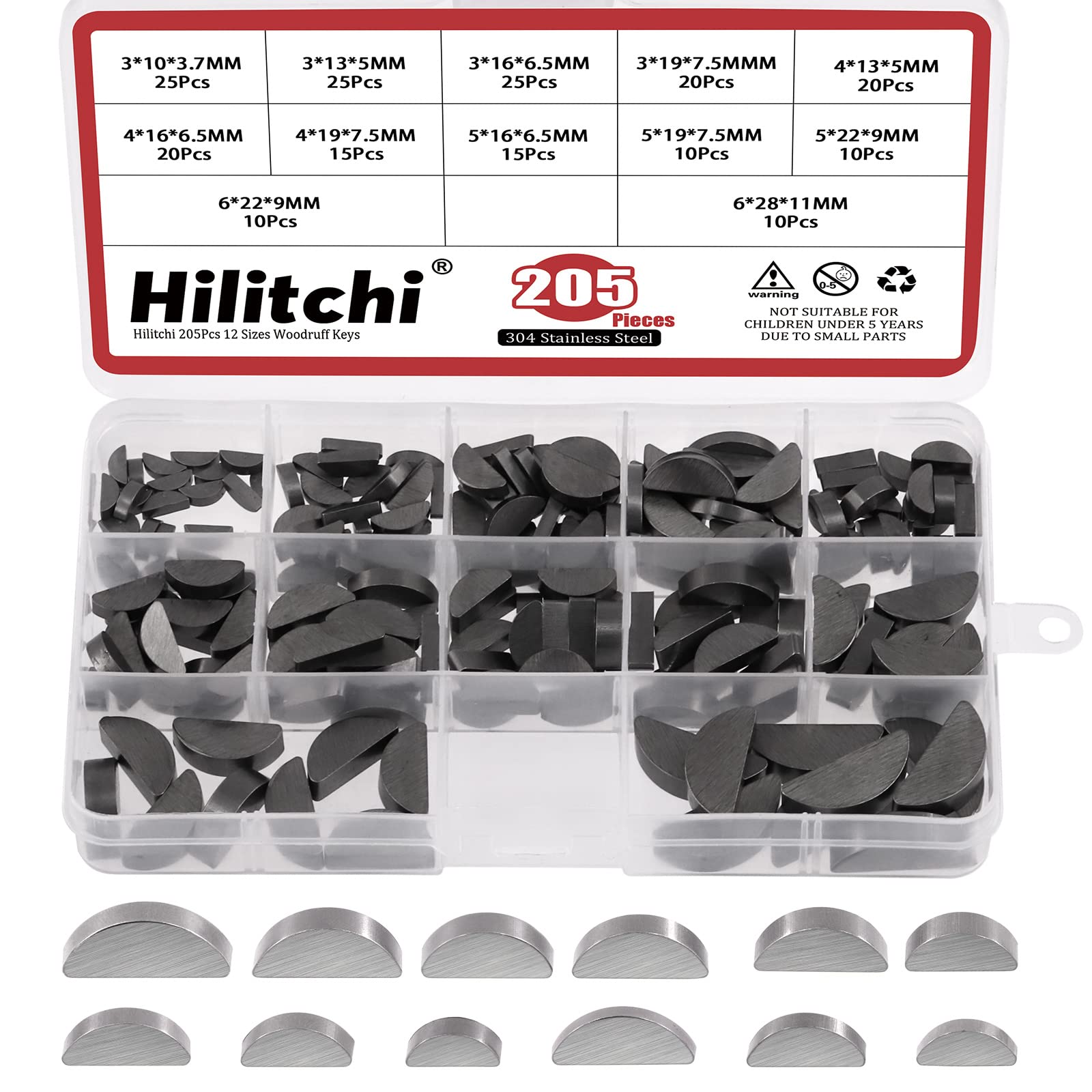 Hilitchi 205Pcs 12 Sizes Carbon Steel Woodruff Keys Half Moon Assortment Kit, Semicircle Bond Key Hardware Metric Assortment Kit, Woodruff Key-Crankshaft for Fasteners Mechanical Industry
