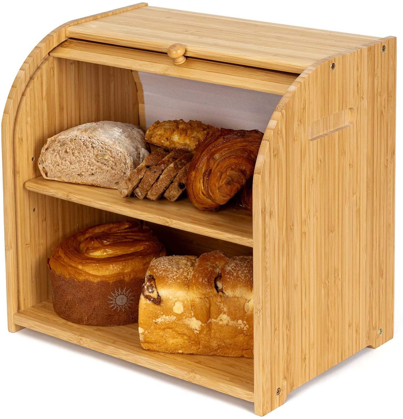 Photo 1 of FOR PARTS- FoverOne Bamboo Bread Box for Kitchen Countertop, Roll-top Breadbox Breads Storage Boxe with Adjustable Middle Shelf- READ CLERK NOTES 