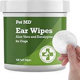 Pet MD Dog Ear Cleaning Wipes &ndash; Otic Cleanser for Dogs - 100 ct | Soothing Ear Care with Aloe Vera &amp; Eucalyptus, Regular Wipes