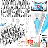 RFAQK 74PCs Icing Piping Bags and Tips Set, Cake Decorating Kit with 48-Numbered Piping Tips, 12inch Anti Burst Pastry Bags, Booklet, E-book &amp; Complete Video Course for Cookie Cupcake Cake Decoration