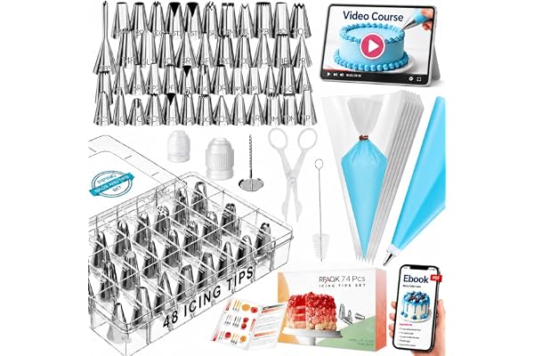 Cake Decorating Kit Supplies | RFAQK 74 PCs Piping Bags and Tips-48 Numbered Stainless Steel Piping Tips & Icing Bags-Reusabl