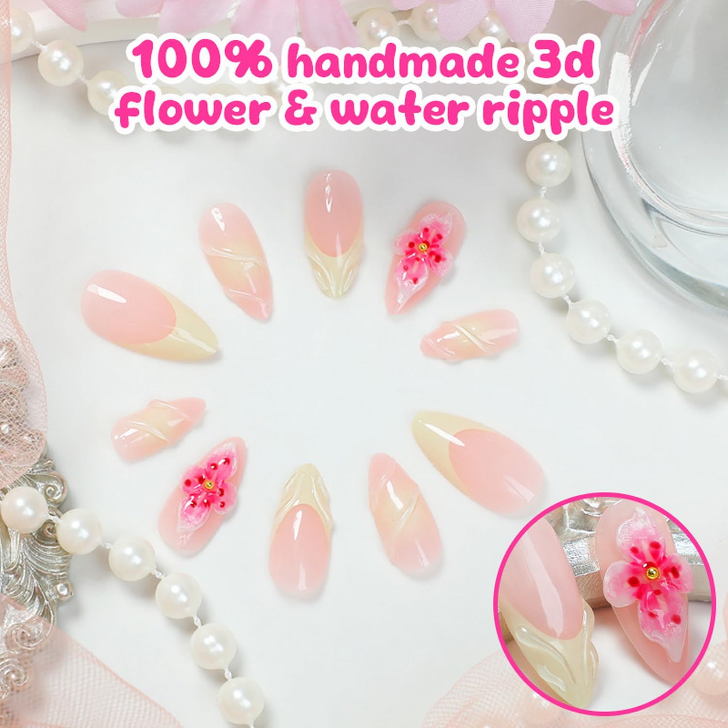 Summer Press on Nails Almond Fake Nails Full Cover Acrylic Nail Kit 3D Flower Charms Nails with designs French Tip Press ons Glossy Glue on Nails Pink False Nails for Women Beach Nails Decor24pcs - Image 3