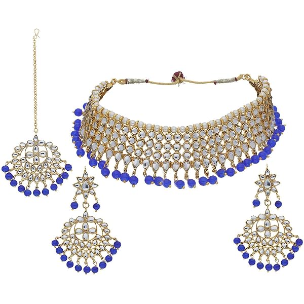 Parure De Bijoux Indienne Bollywood - Collier Ras Du Cou, Boucles D'oreilles Et Tikka - Plaqué Or Avec Kundan Vert - Neuf Sans Emballage