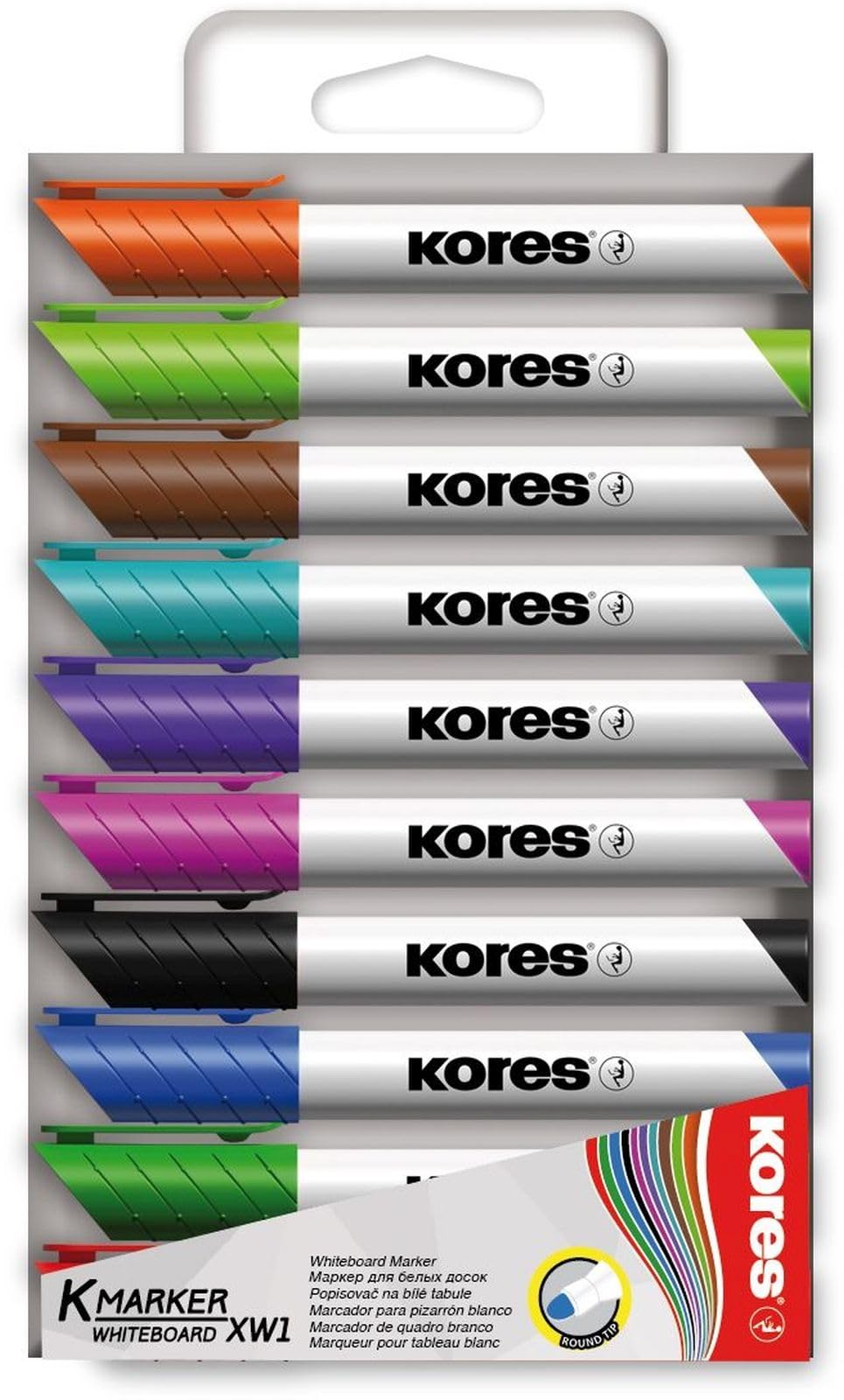 Kores - Coloured Whiteboard Marker Pens - K-Marker XW1, Round Tip with Low-Odour Ink - Dry Wipe Marker Pens - Back to School Supplies, Office Supplies - Pack of 10 Assorted Colours