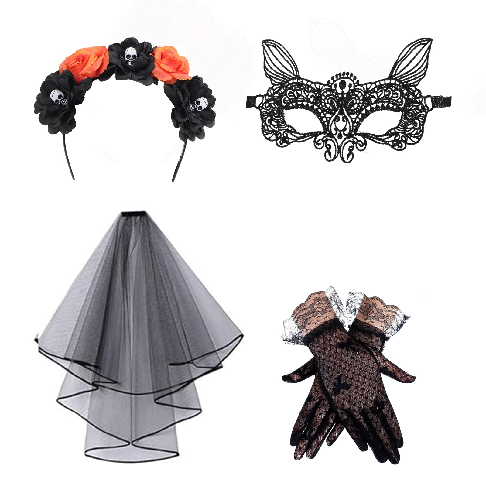 Lifreer Day of The Dead Womens Accessories - Halloween Flower Headband, Black Veil, Lace Eye Mask, Lace Gloves for Halloween Adults Costume Accessory