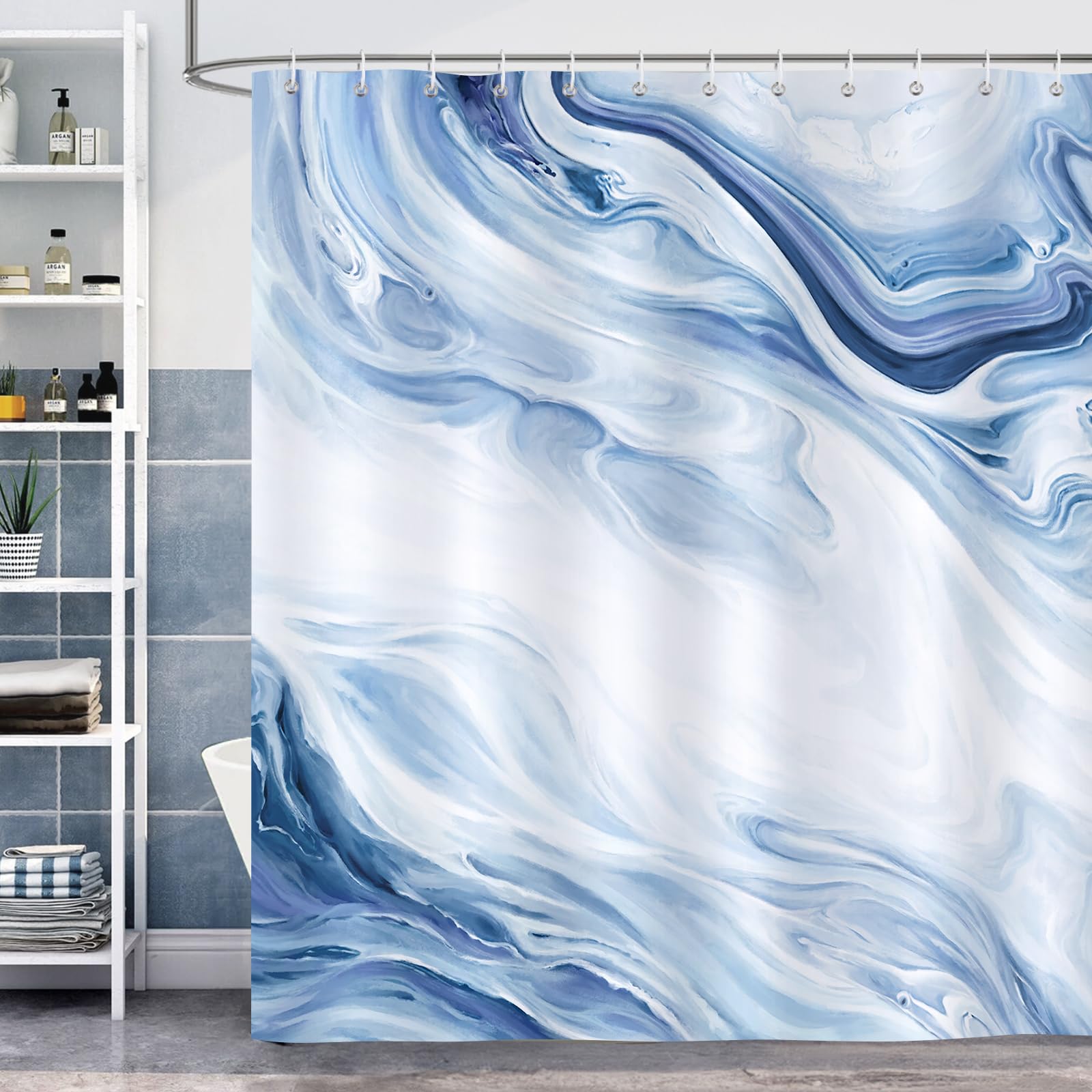 Bonhause Blue Marble Shower Curtain Abstract Blue White Modern Bathroom Curtain 180 x 180 cm Waterproof Mildew & Mould Resistant Polyester Fabric Bath Curtain with 12 Hooks