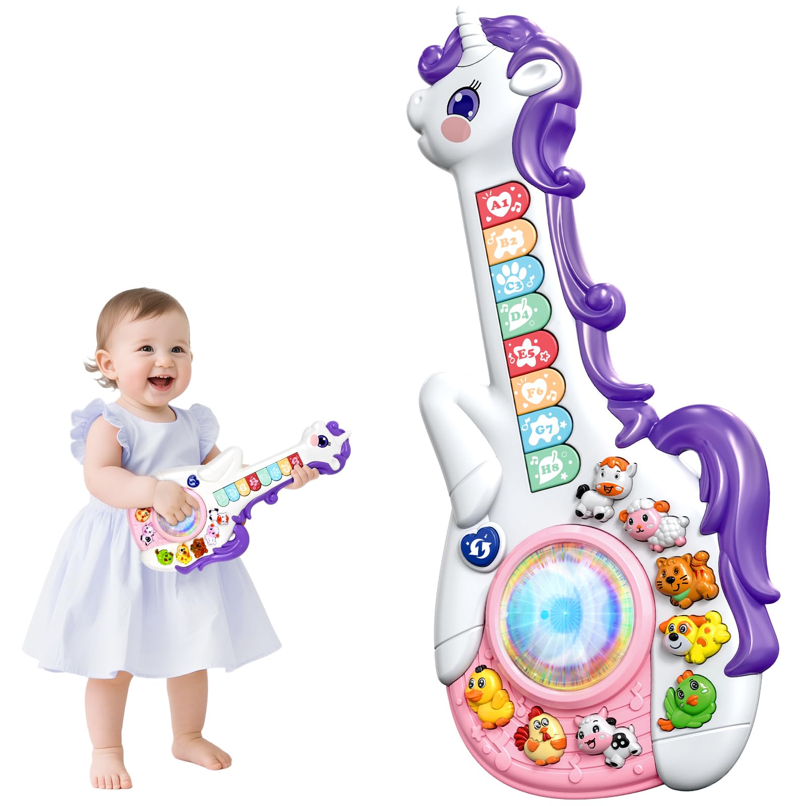 Marstone Toys for 1 2 Year Old Girl Birthday Gifts: Baby Musical Unicorn Toys 12-18 Months, Educational Cartoon Guitar for Toddler Boy Kid 1-3, Infant 1st First Interactive Learning Birthday Present