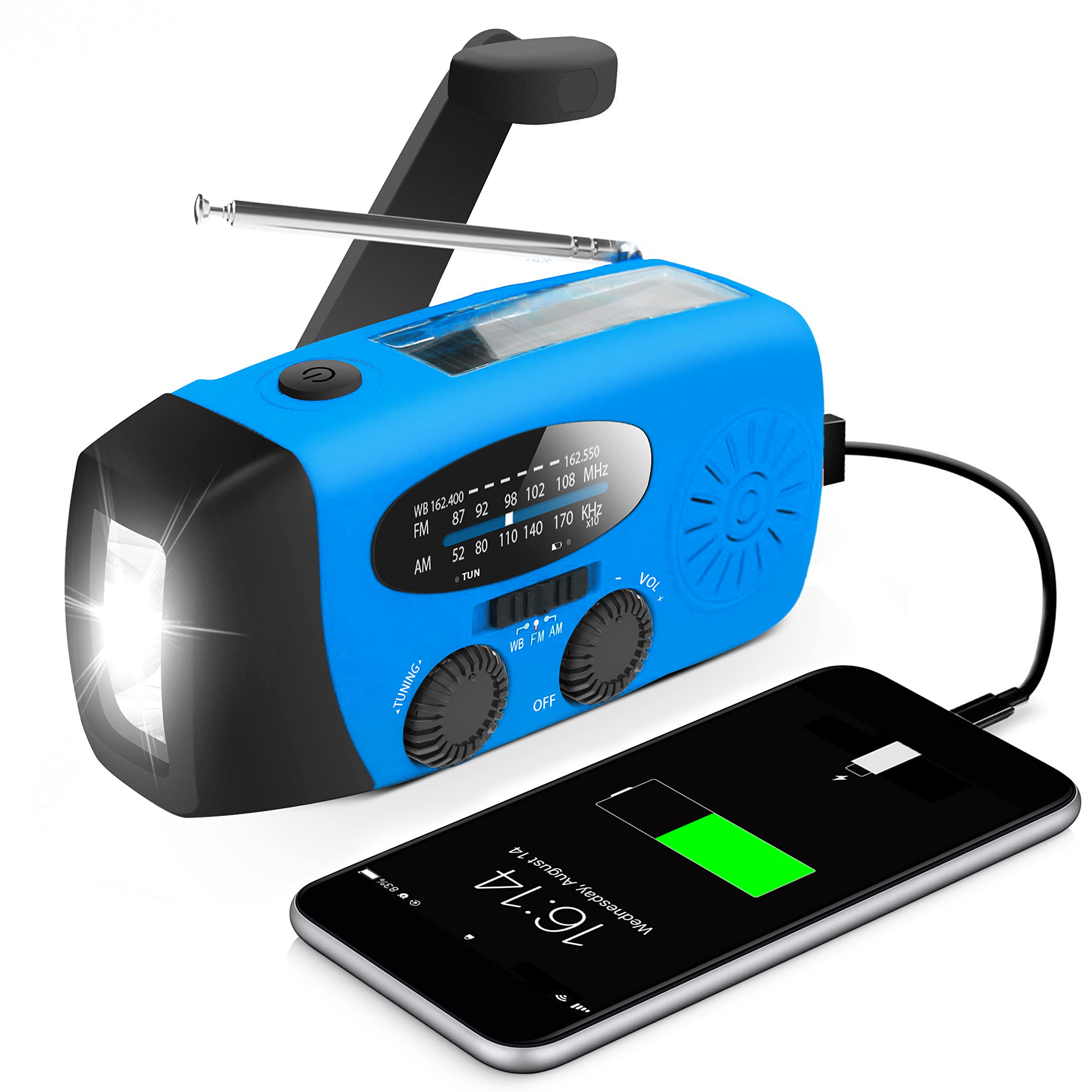 Photo 1 of Emergency Hand Crank Radio with LED Flashlight for Emergency, AM/FM Portable Weather Radio with 2000mAh Power Bank Phone Charger, USB Charged & Solar Power for Camping, Emergency(Blue)