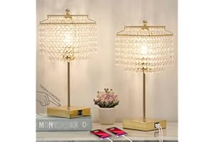 Luvkczc Set of 2 USB Bedside Crystal Table Lamp Gold, Touch Control, 3-Way Dimmable Lamp with Crystal Shade for Bedroom, Living Room, 6W LED Bulb Included