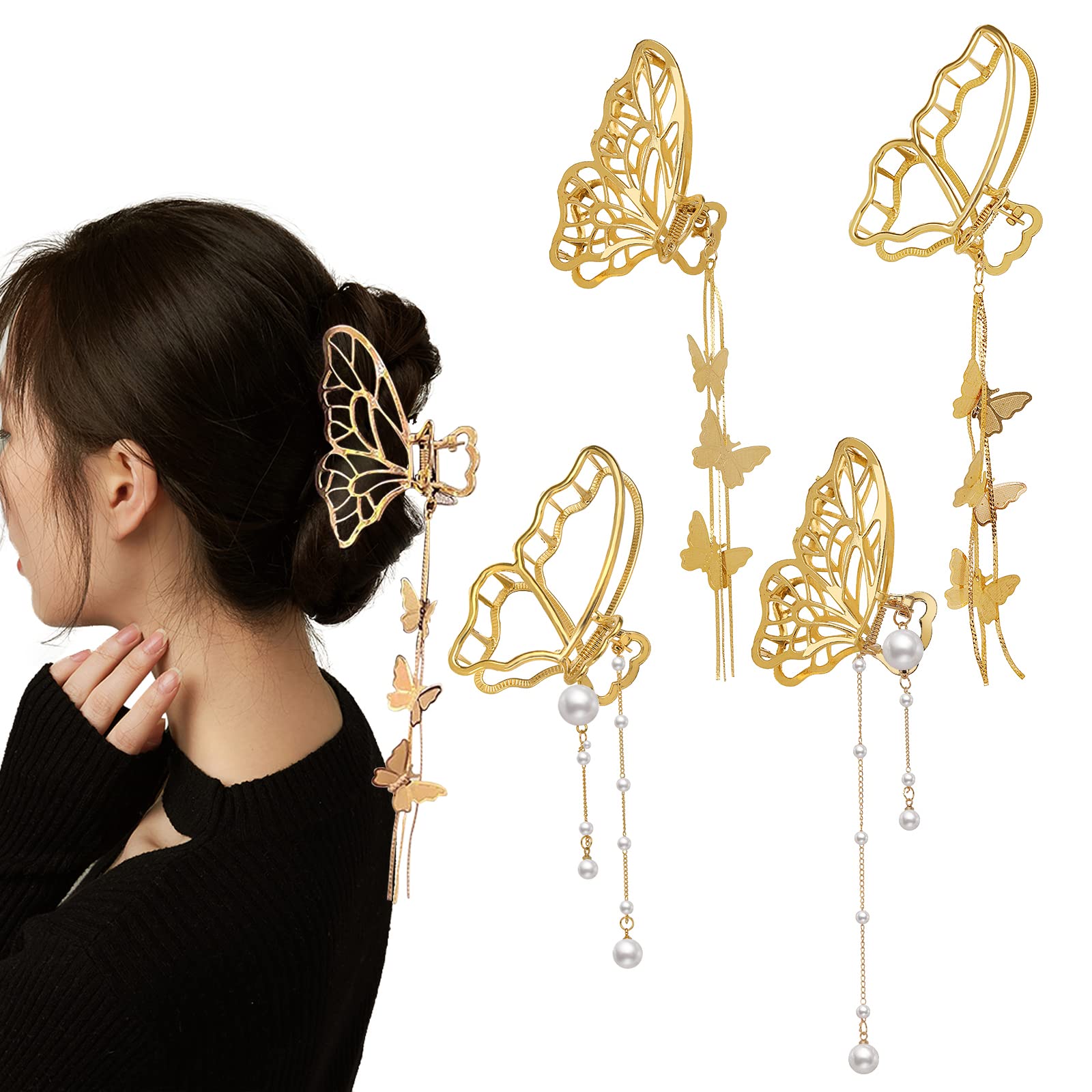 DonLeeving 4-Pack Metal Big Gold Butterfly Hair Clips Clamp Tassel Nonslip Claw Accessories for Women Girls Thinner Thick Styling Fashion Supplies