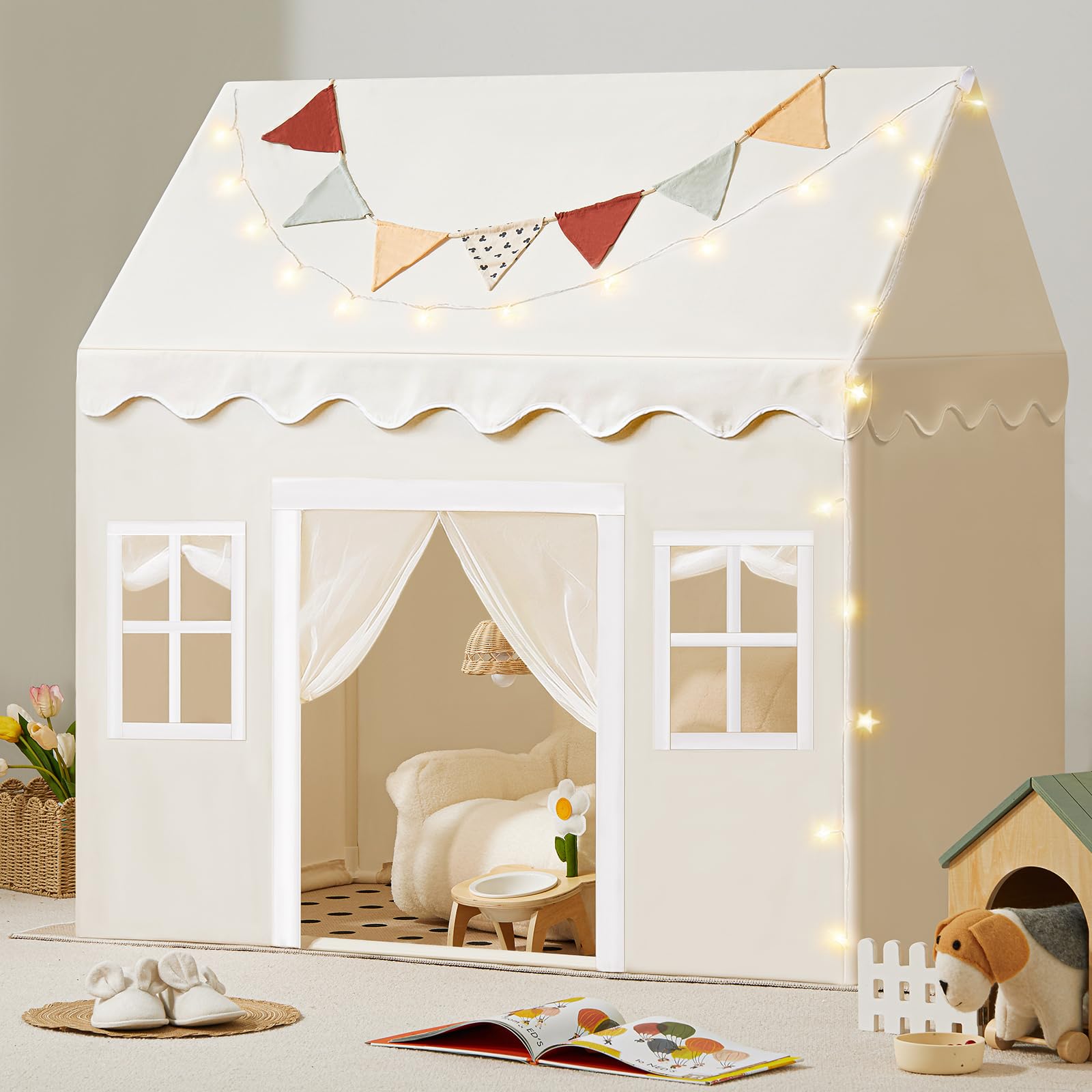 Tiny Land Play Tent with Padded Mat & LED Lights, Kids Tent, Playhouse for Kids, Indoor Bed Tent for Toddler, Toys for 3,4,5,6-Year-Old Girls, Neutral Color Play Room Furniture