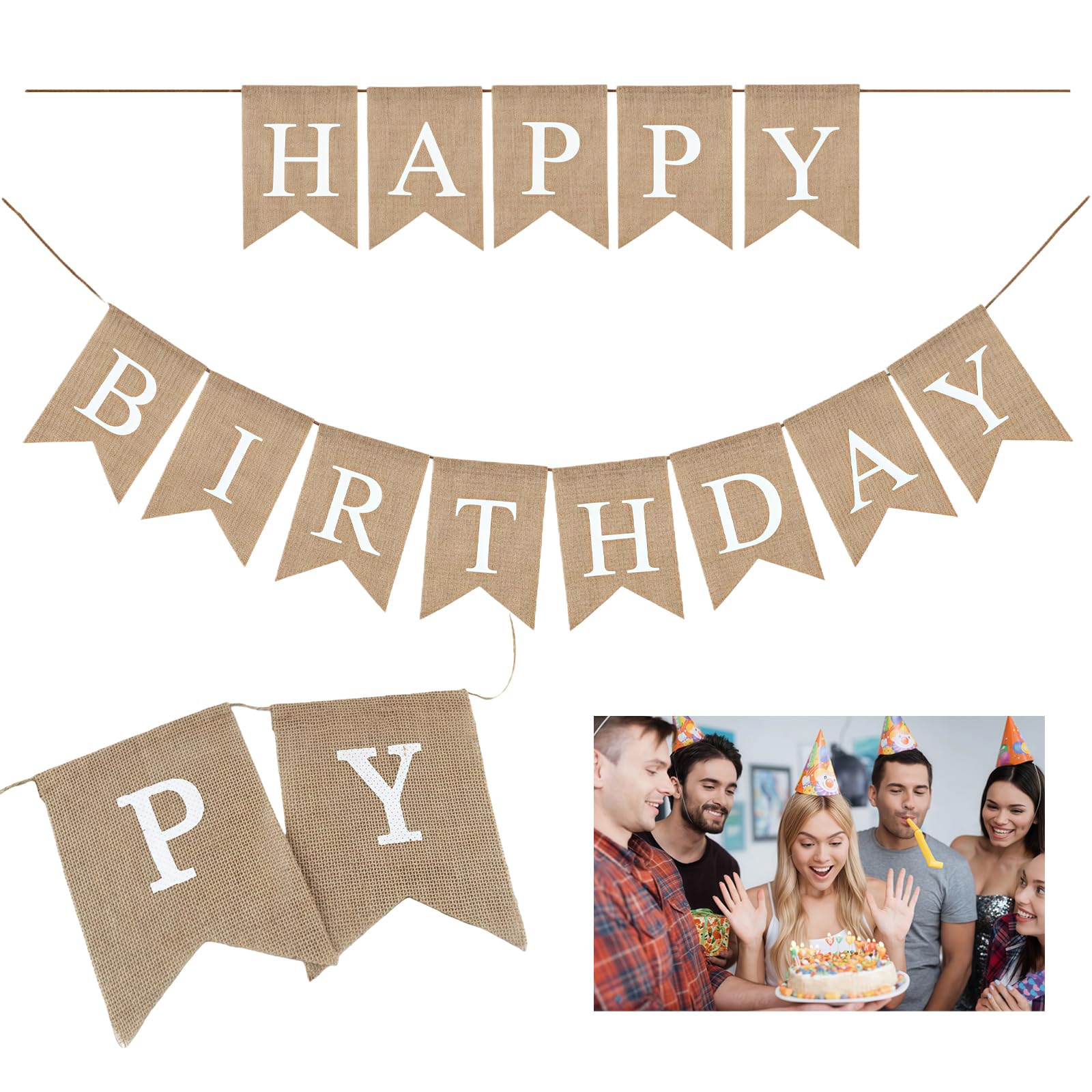 Reochps Happy Birthday Bunting Banner Hessian Cloth Vintage Burlap Swallowtail Flag for Birthday Decorations Reusable Kraft Paper Letter Symbol Banners for Indoor and Outdoor Parties (White+Brown)