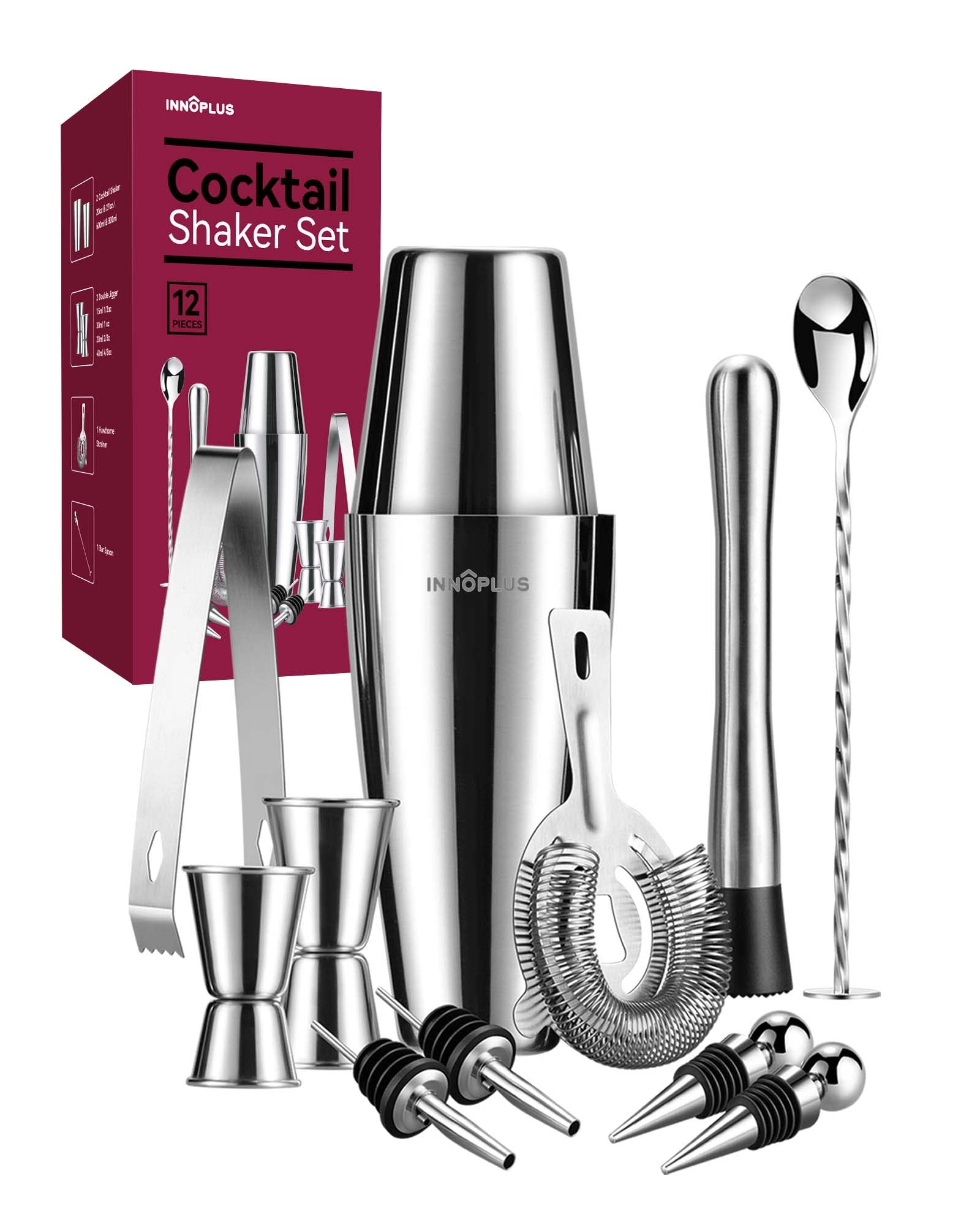 Cocktail Shaker, Cocktail Set Gift, Premium Boston Shaker 800 ml 600 ml Gift Set, Cocktail Shaker Bar Accessory Set, Cocktail Shaker Stainless Steel, Shaker for Cocktails Mixer Spoon 12 Piece