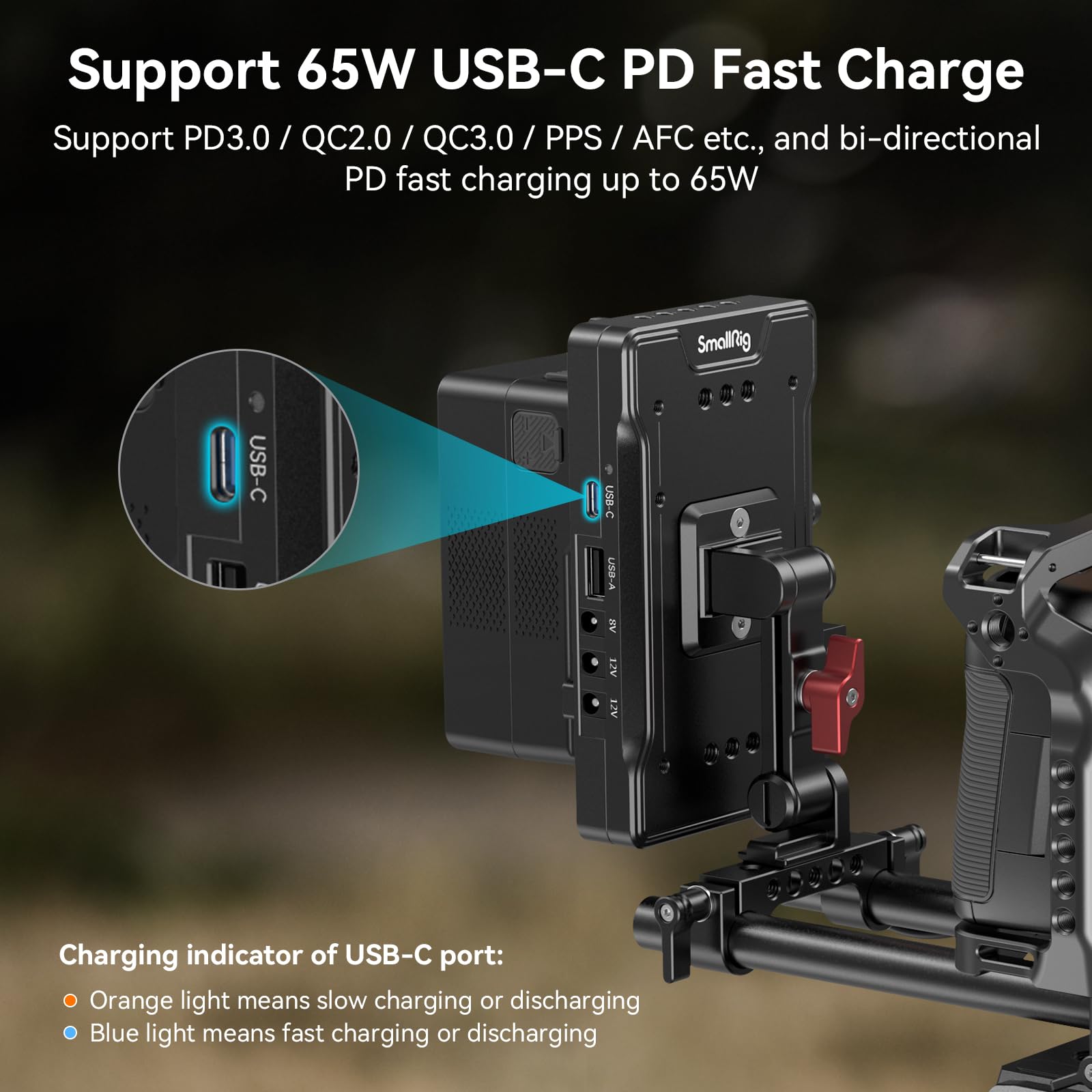 SMALLRIG V Mount Battery Adapter Plate with PD 65W USB-C Quick Charger, QC Protocol USB-A, D-TAP, 8V & 12V DC Port, 15 mm Rod Clamp and Adjustable Arm, for Sony for Canon Cameras & Camcorders