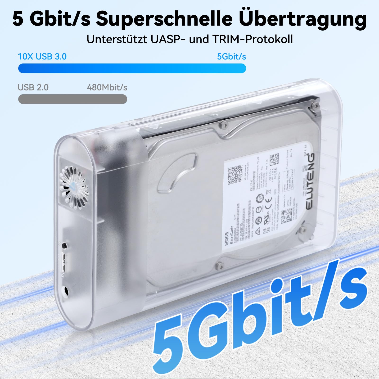ELUTENG Festplattengehäuse 3,5 Zoll 5Gbit/s USB 3.0 Externes Festplatten Gehäuse für 3,5 2,5 Zoll SATA SSD HDD bis zu 24TB, Externe SSD Gehäuse mit 12V/2A Netzteil, Unterstützung UASP Trim 2