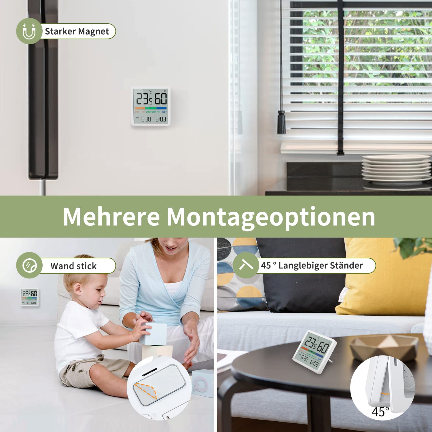 NOKLEAD Digitales Thermo-Hygrometer, Tragbares Thermometer Hygrometer Innen mit hohen Genauigkeit, Temperatur und Luftfeuchtigkeitsmesser für Raumklimakontrolle Raumluftüerwachtung Monitor (WEISS) 6