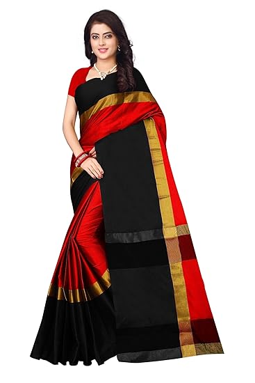 Cotton Silk Plain Saree With Blouse Piece- Black & Red