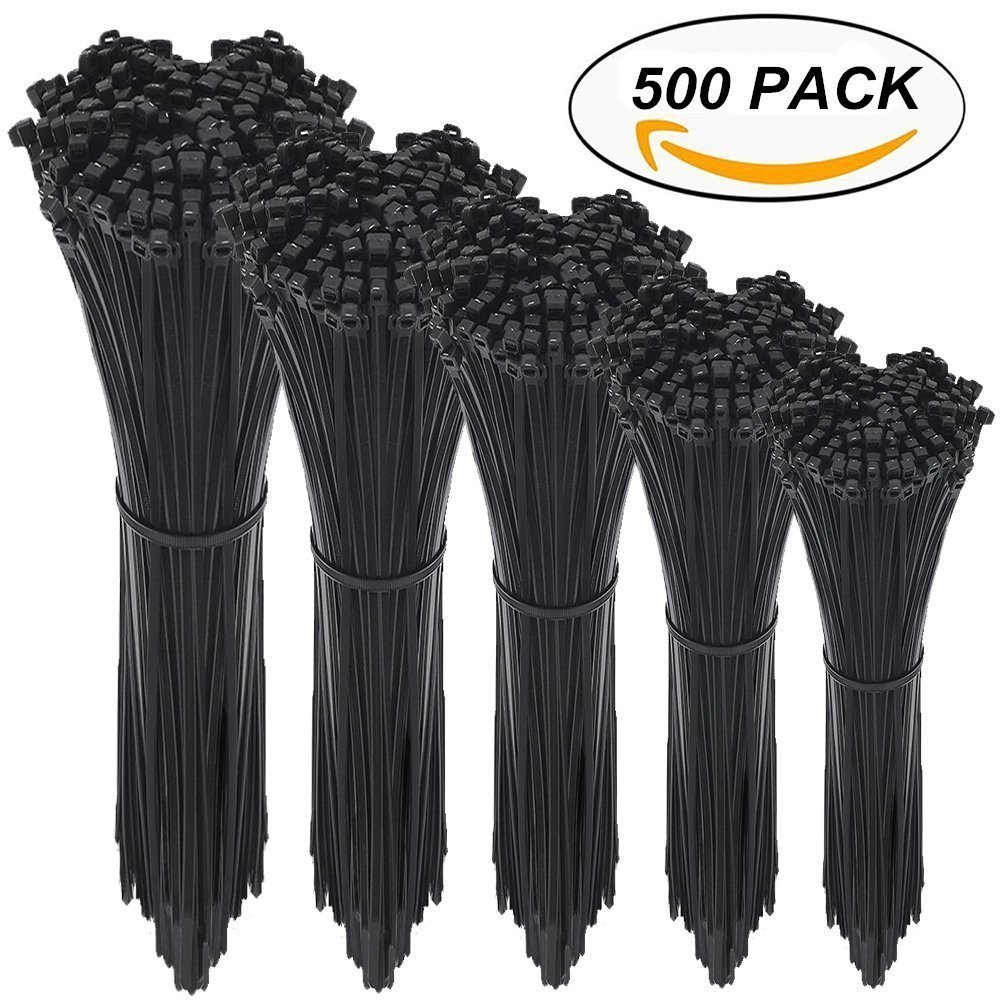 Cable Zip Ties,500 Packs Self-Locking 4+6+8+10+12-Inch Width 0.16inch Nylon Cable Ties,Perfect for Home,Office,Garage and Workshop (Black)