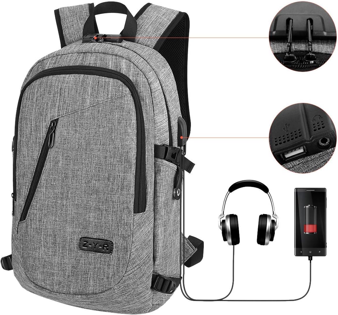 Laptop Backpack Business Travel Laptop Backpack College Backpack with USB Charging Port and Lock &Headphone interface Water-resistant Laptop Bag for Women and Men Fits up to 15.6-Inch Laptop