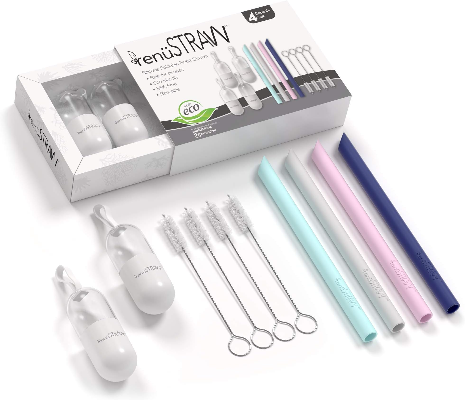 renuSTRAW Wide Reusable Boba Straw & Smoothie Straws - Silicone Bubble Tea Straws great for Milkshakes, Jumbo Boba Tea, Pearls - BPA Free - 12 Piece Set | Includes Cleaning Brush and Carrying Case