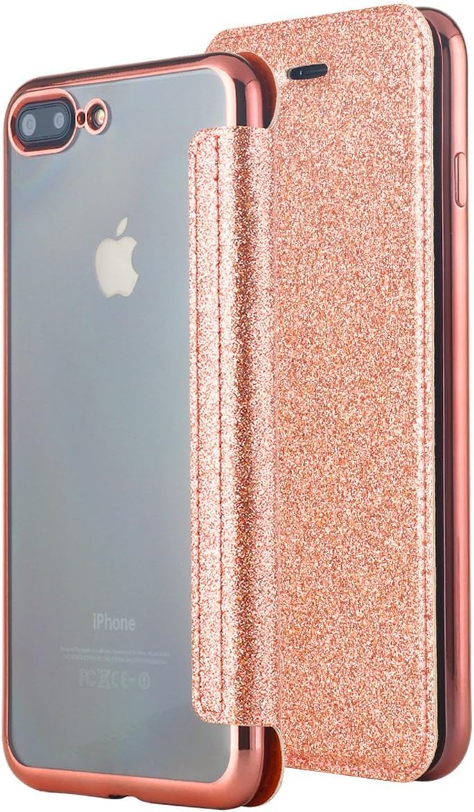 iPhone 8 Plus/iPhone 7 Plus Wallet Case, B4Uebuy Shiny Glitter Bling Sparkle Shockproof Luxury Clear Transparent TPU Back With Card Slot for Apple 5.5'' iPhone 7 Plus,iPhone 8 Plus(Rose Gold)