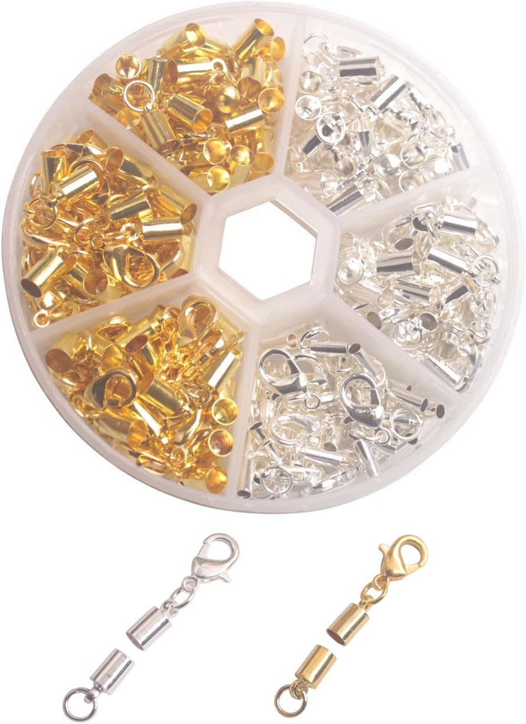 ChangJin 90 Sets of Gold Silver Plated Cord end w/Clasp for 2mm 3mm 4mm Leather in Container