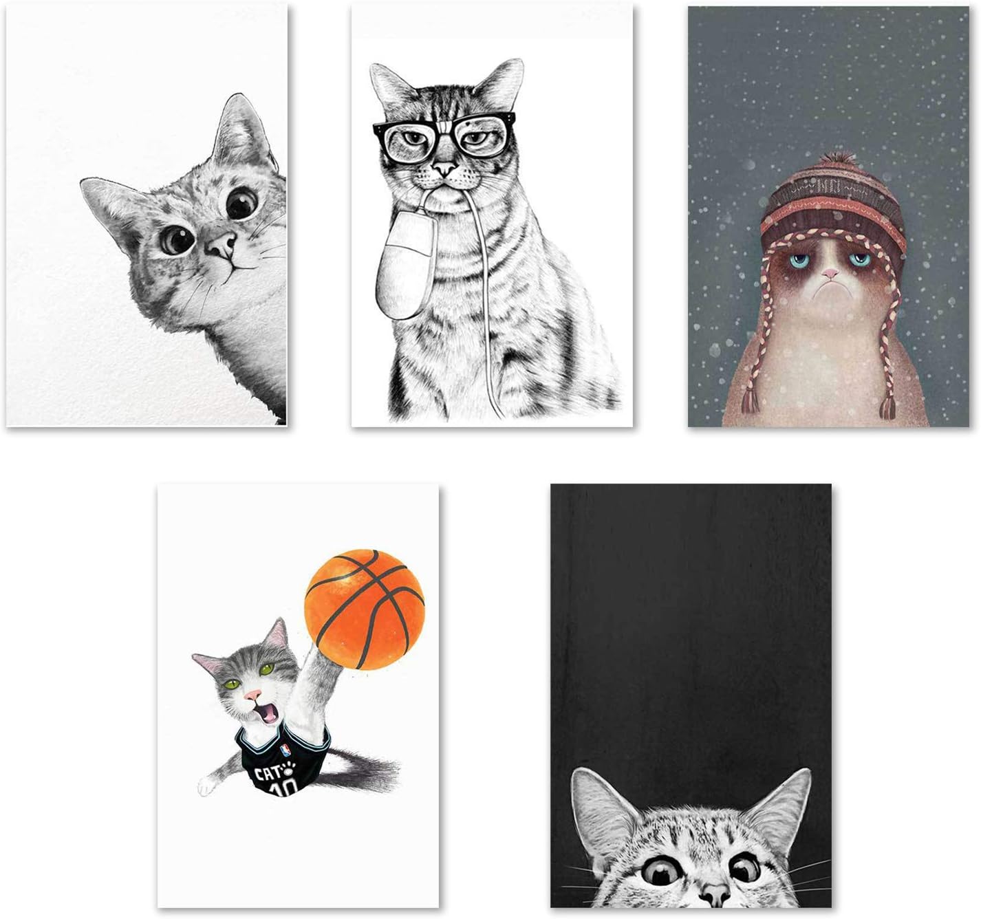 Ciujoy Funny Cat Wall Prints Unframed for Kids Bedroom 5 Panels Animal Cartoon Inspirational Canvas Pictures Art Decor Posters For Children Nursery Home Living Room Bedroom Decor 21x30cm